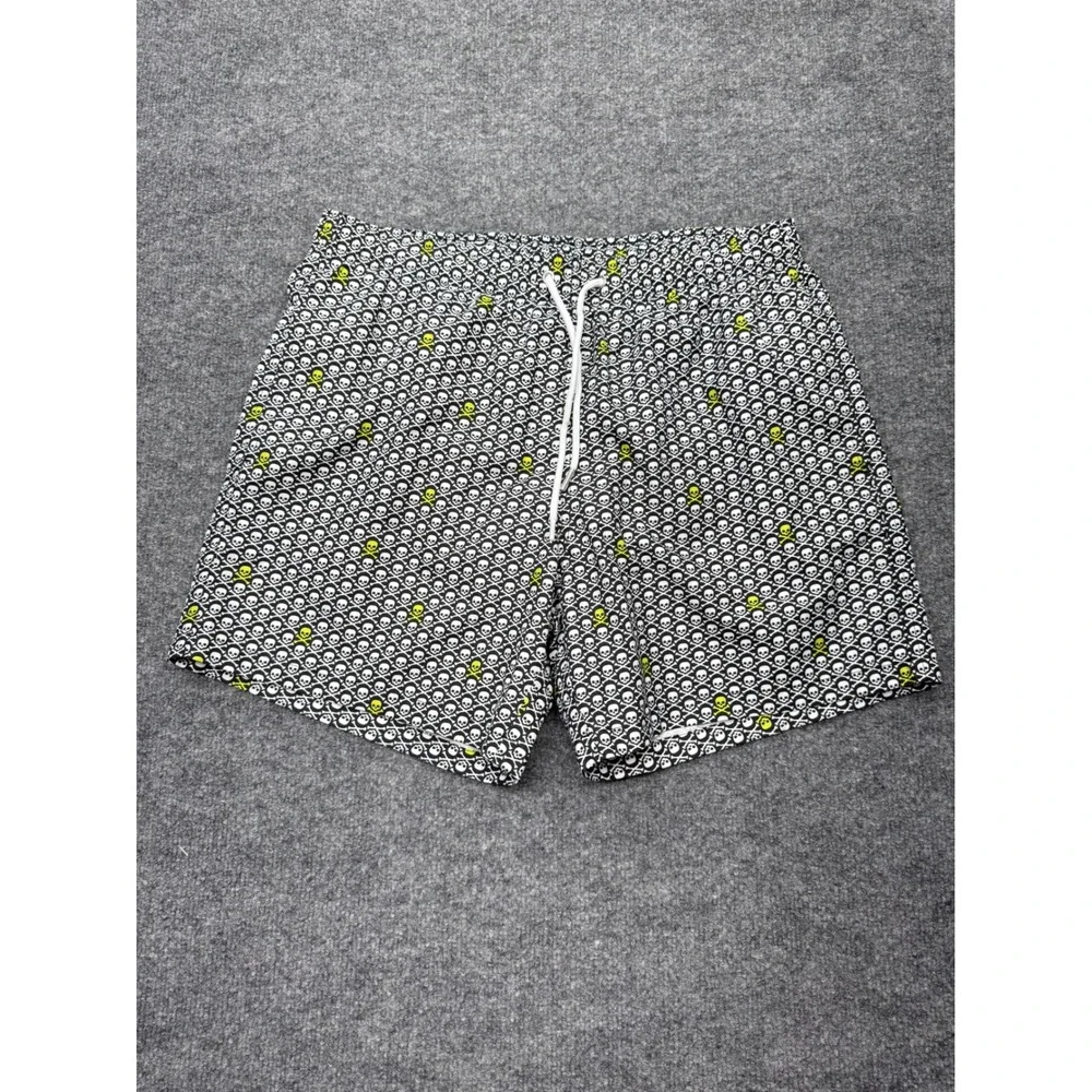 Collars & Co Mens Skull Crossbones Swim Trunks Black Green Large 5in Inseam